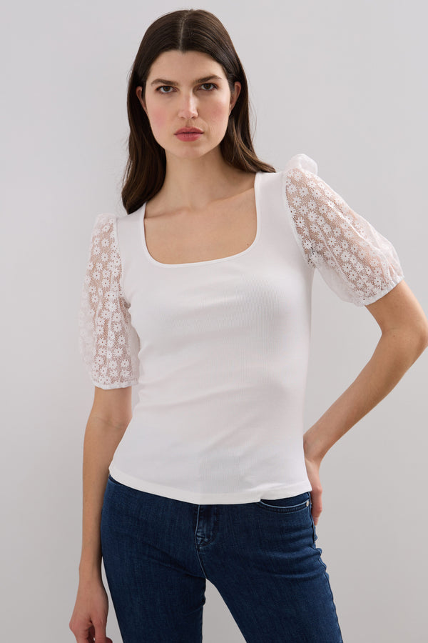 Rib top with puffy lace sleeves