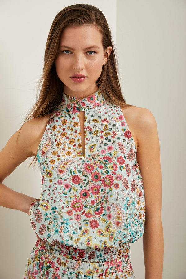 Floral printed blouse with ruched waistband