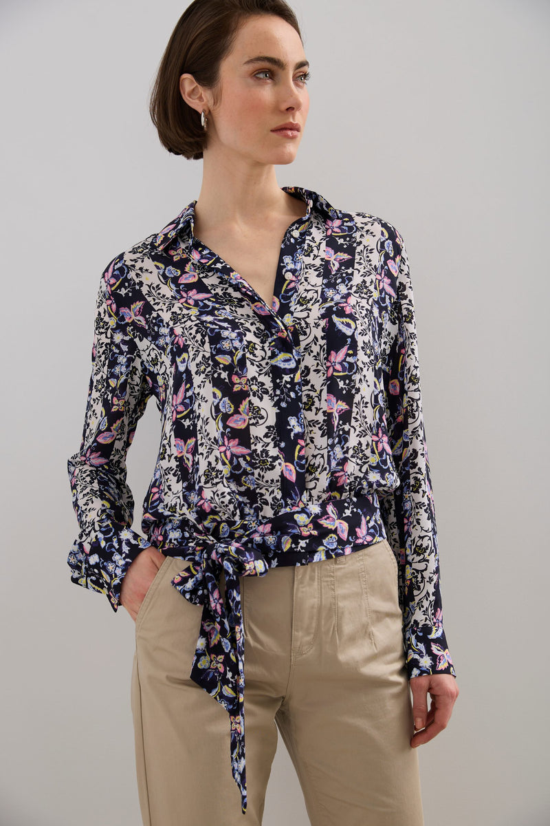 Floral striped tie front button shirt
