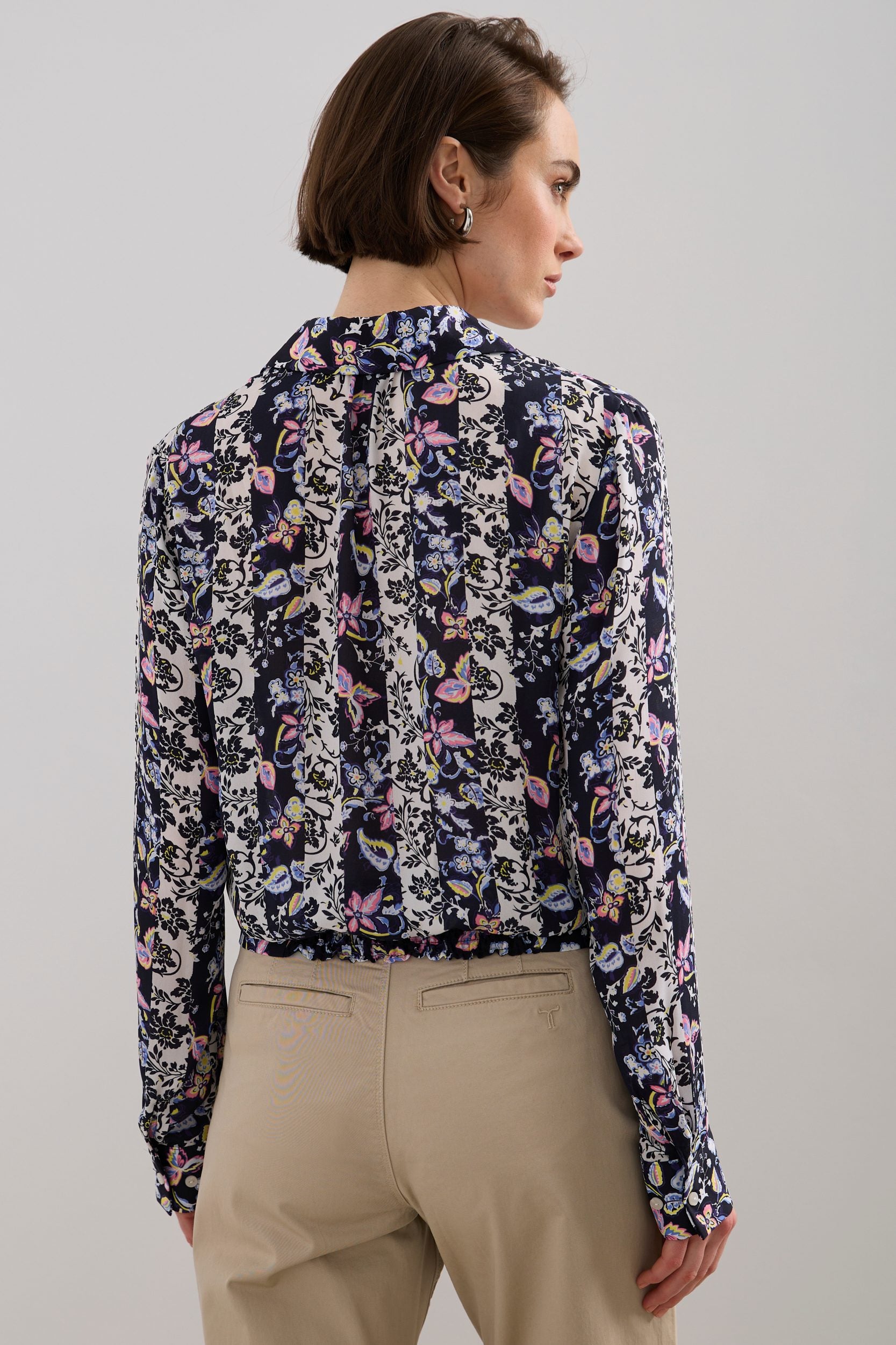 Floral striped tie front button shirt