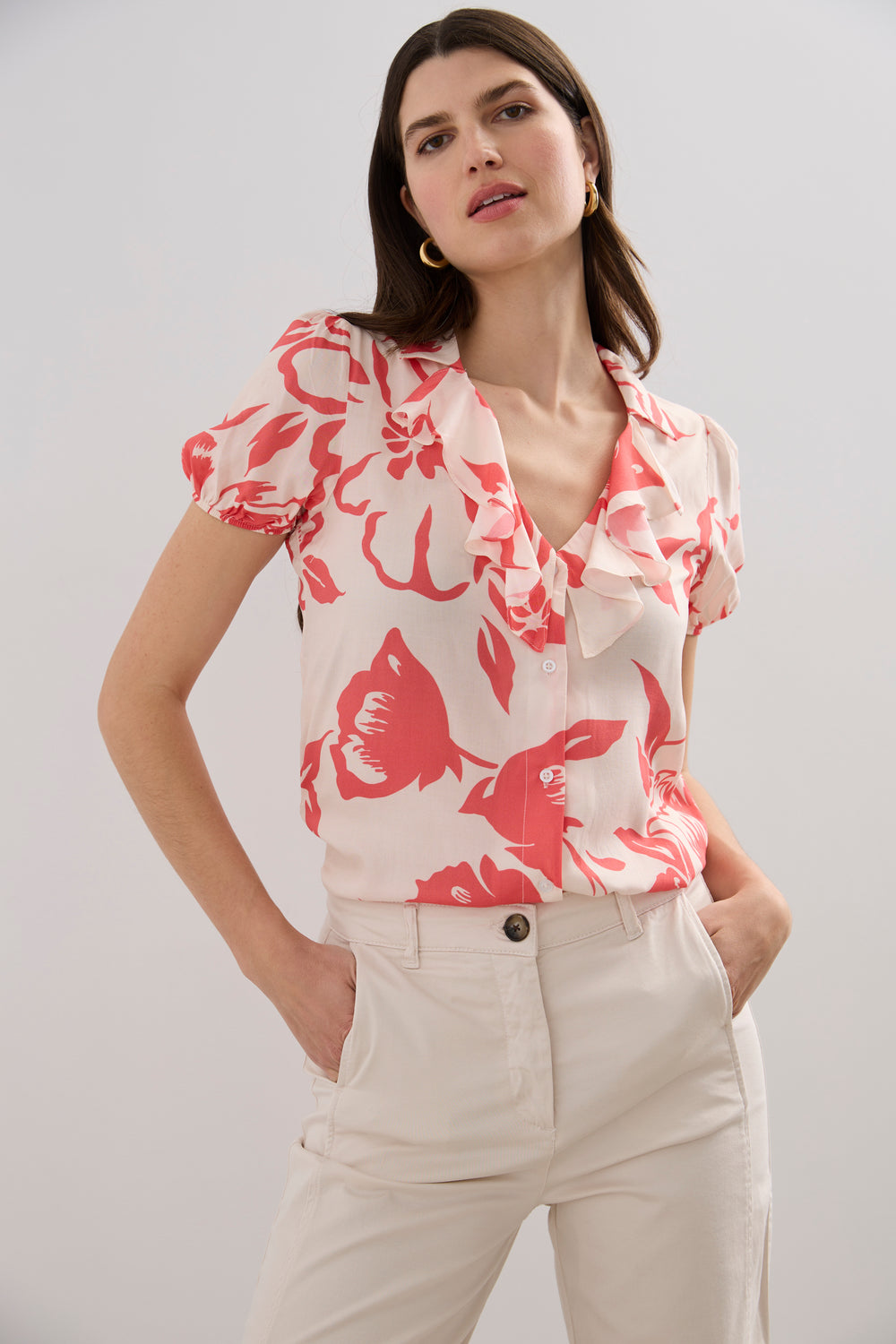 Blouse imprimée à manches courtes et volant