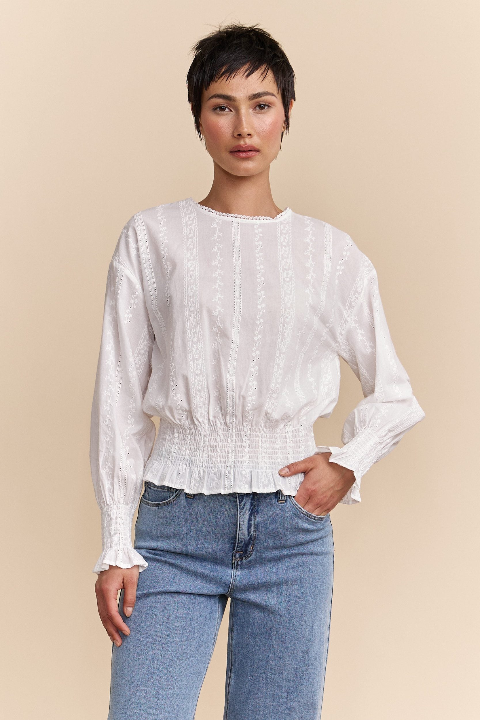 Embroidered blouse with ruching