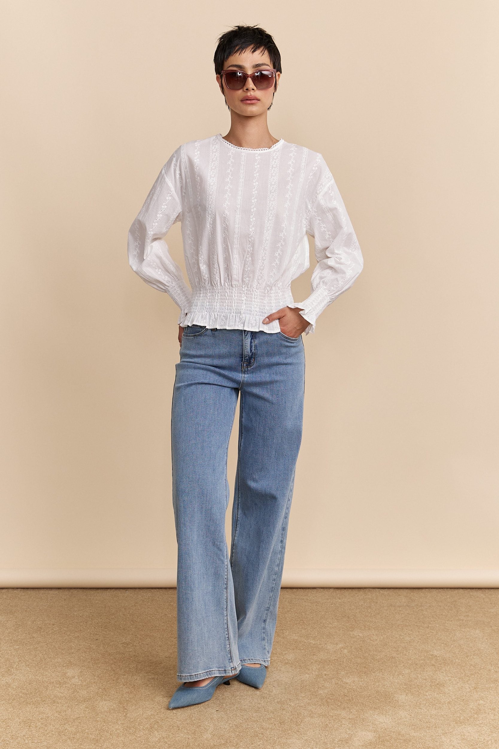 Embroidered blouse with ruching