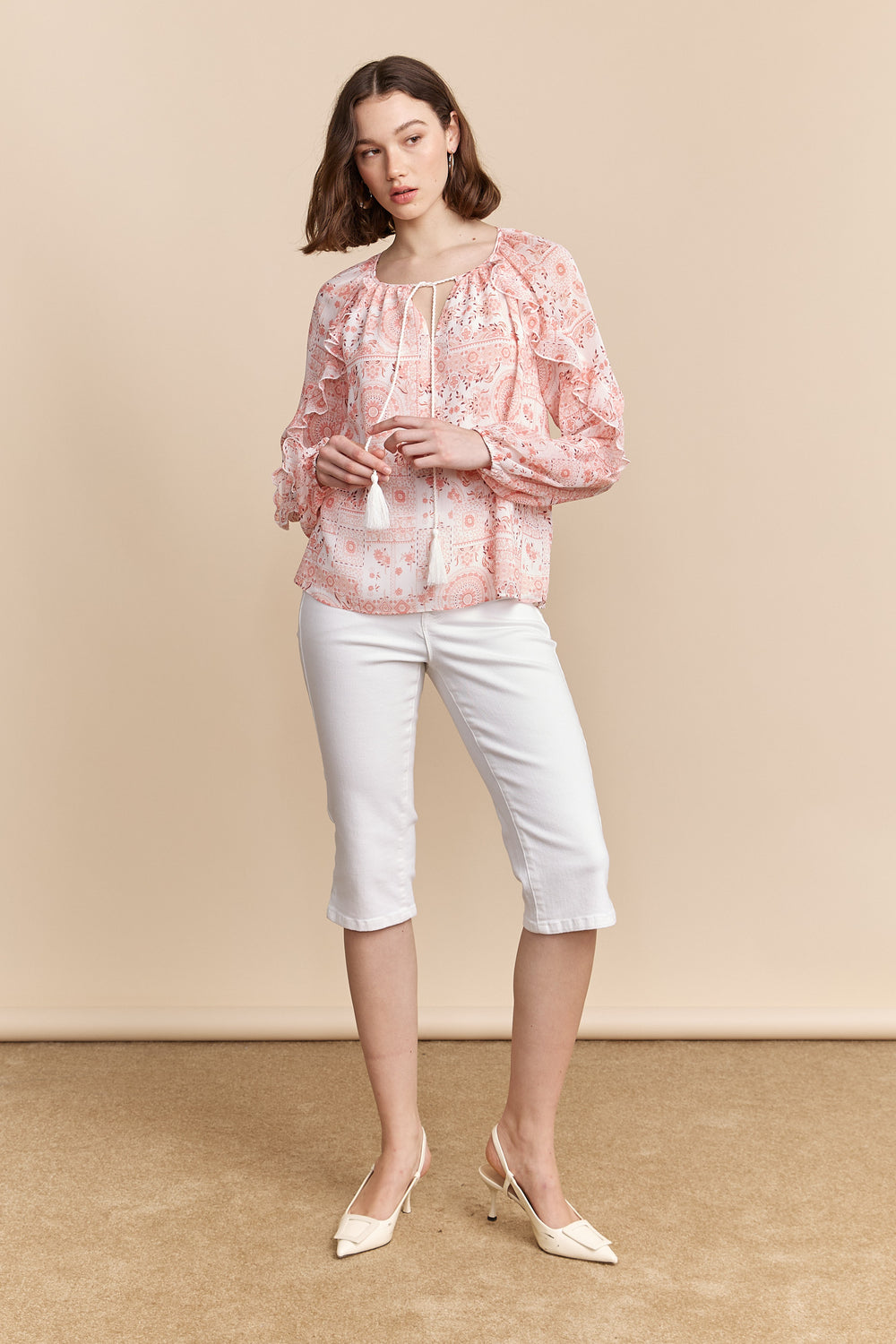 Blouse imprimée avec volants et cordon