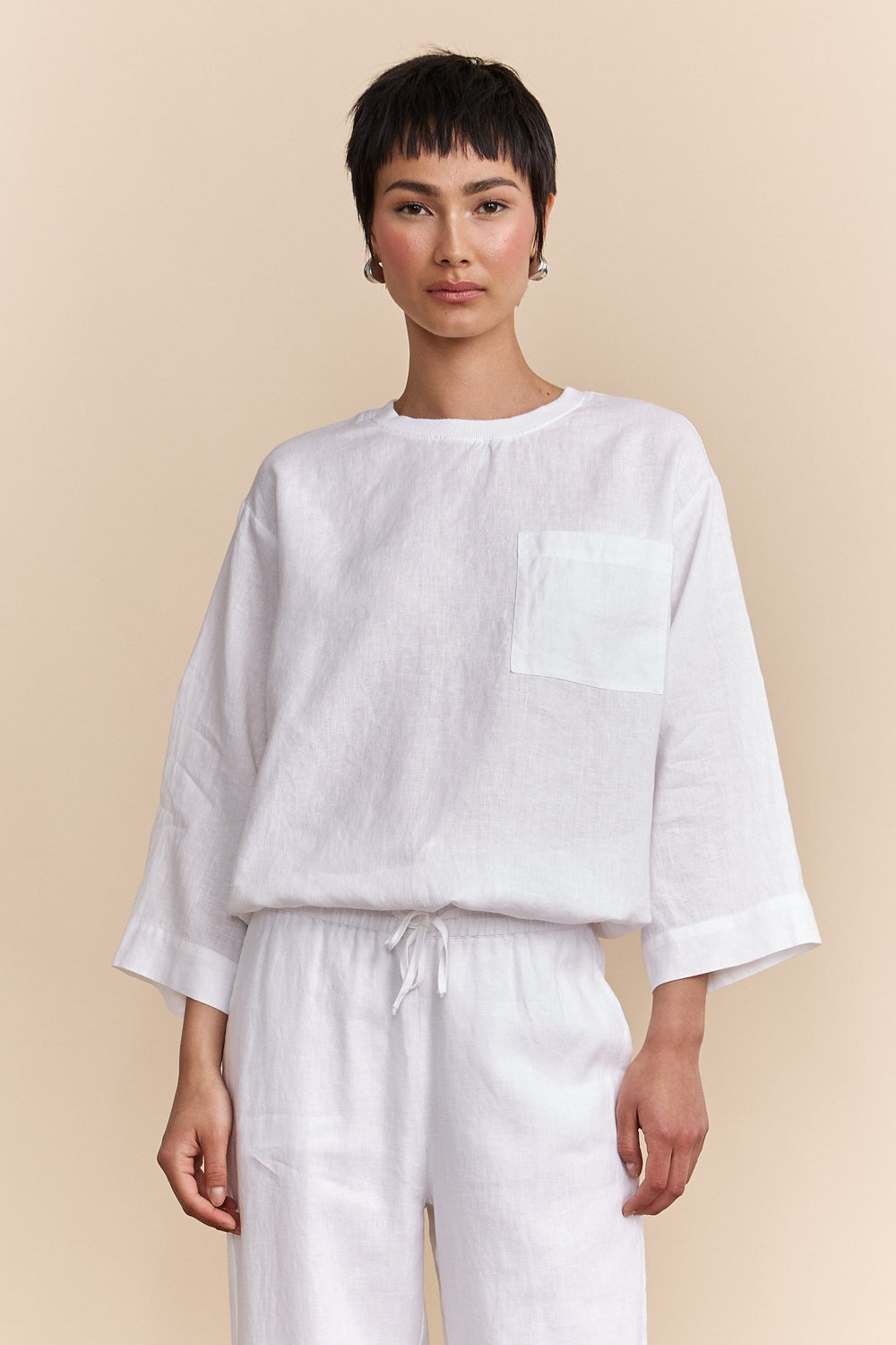 Oversized linen top with drawstring