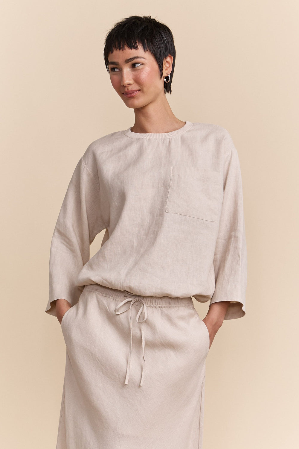 Oversized linen top with drawstring