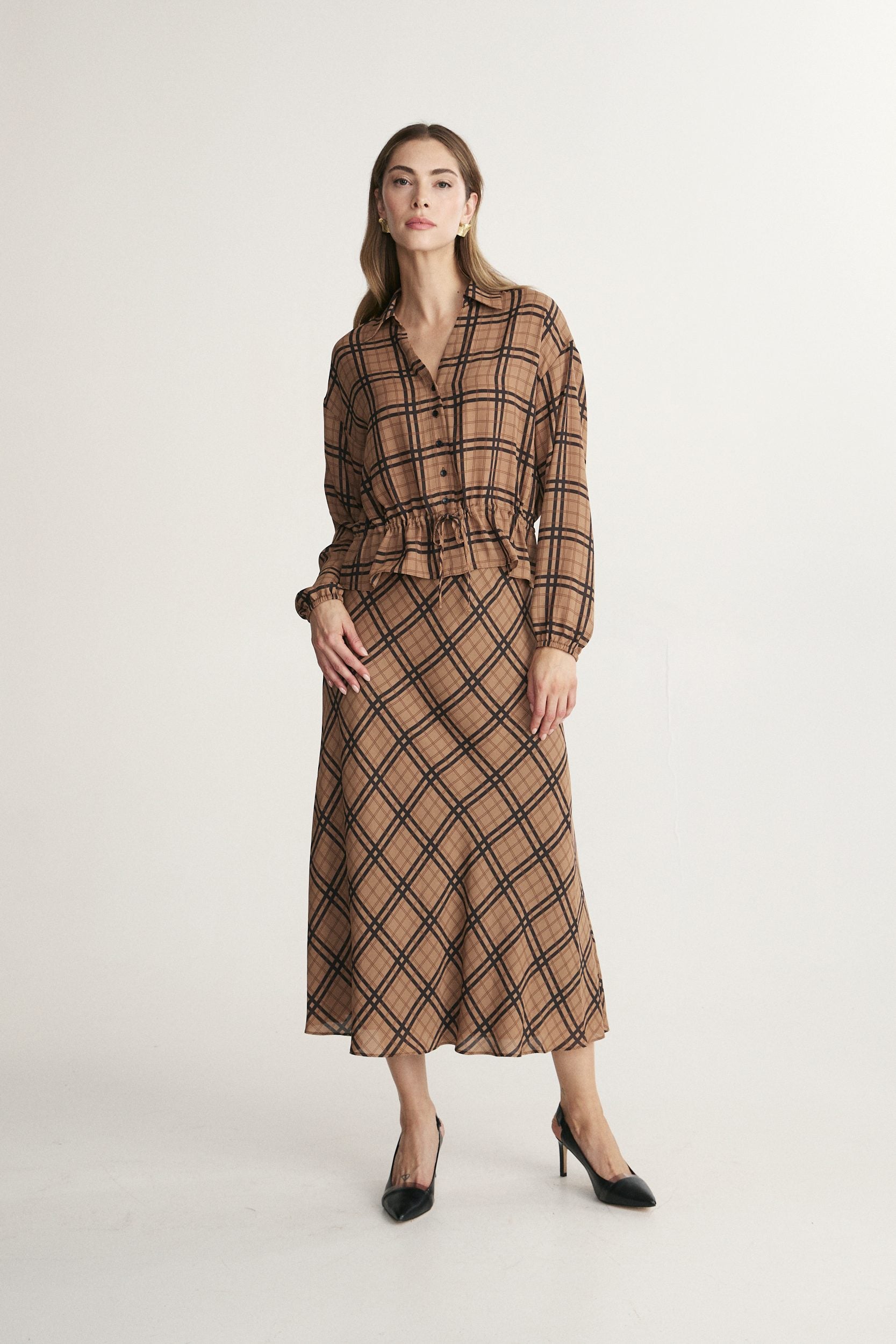 Plaid drawstring blouse