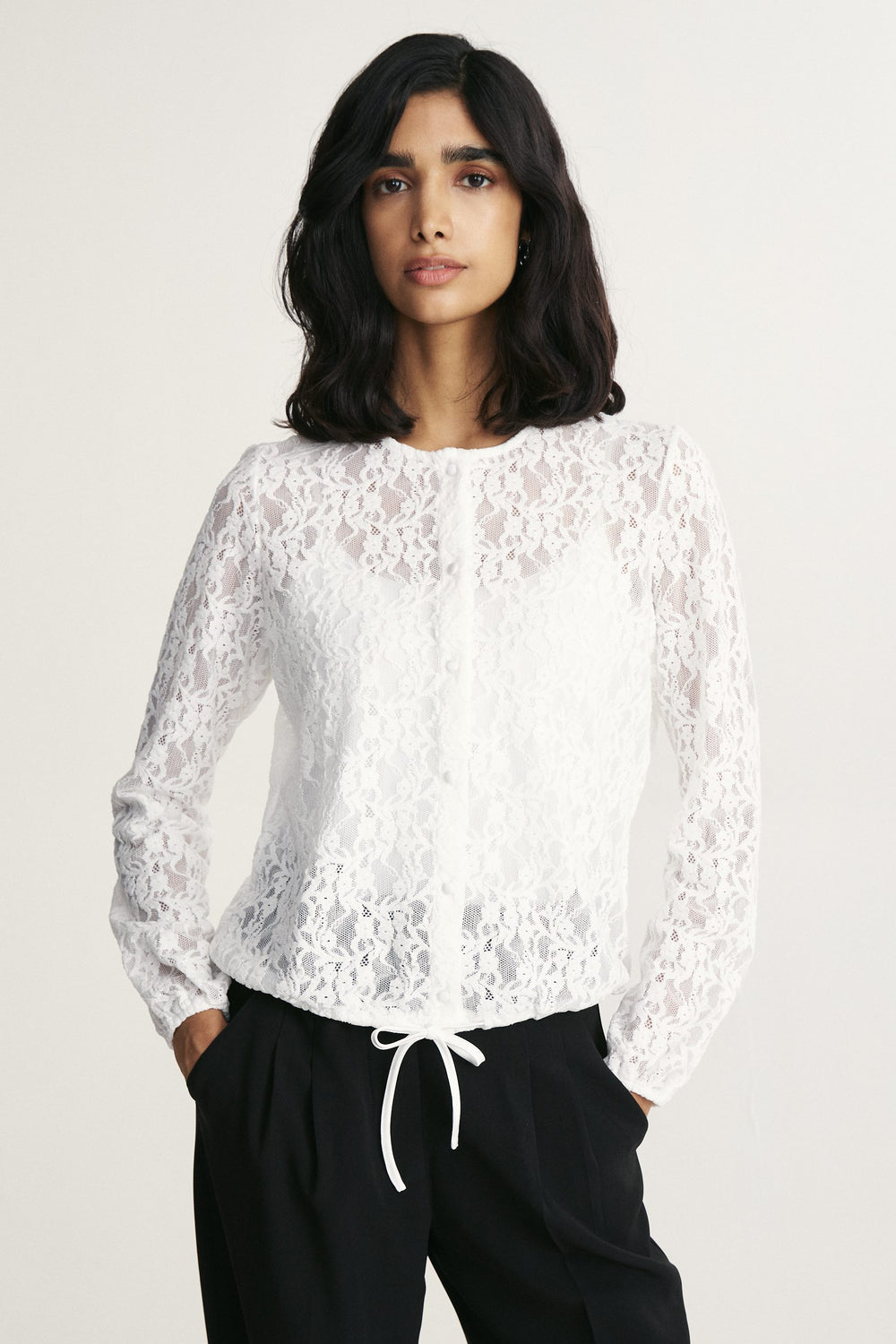 Lace blouse with drawstring