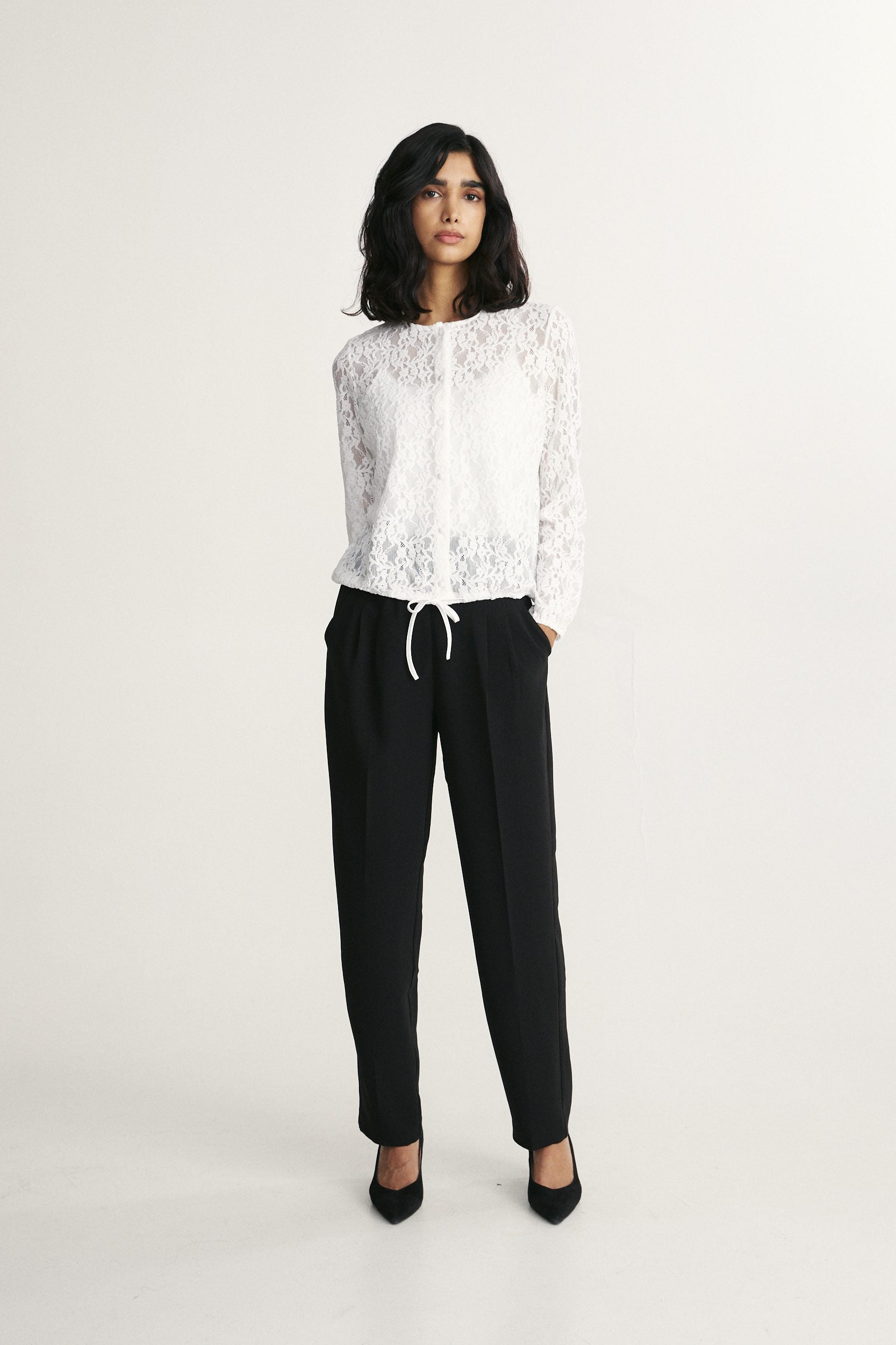 Lace blouse with drawstring