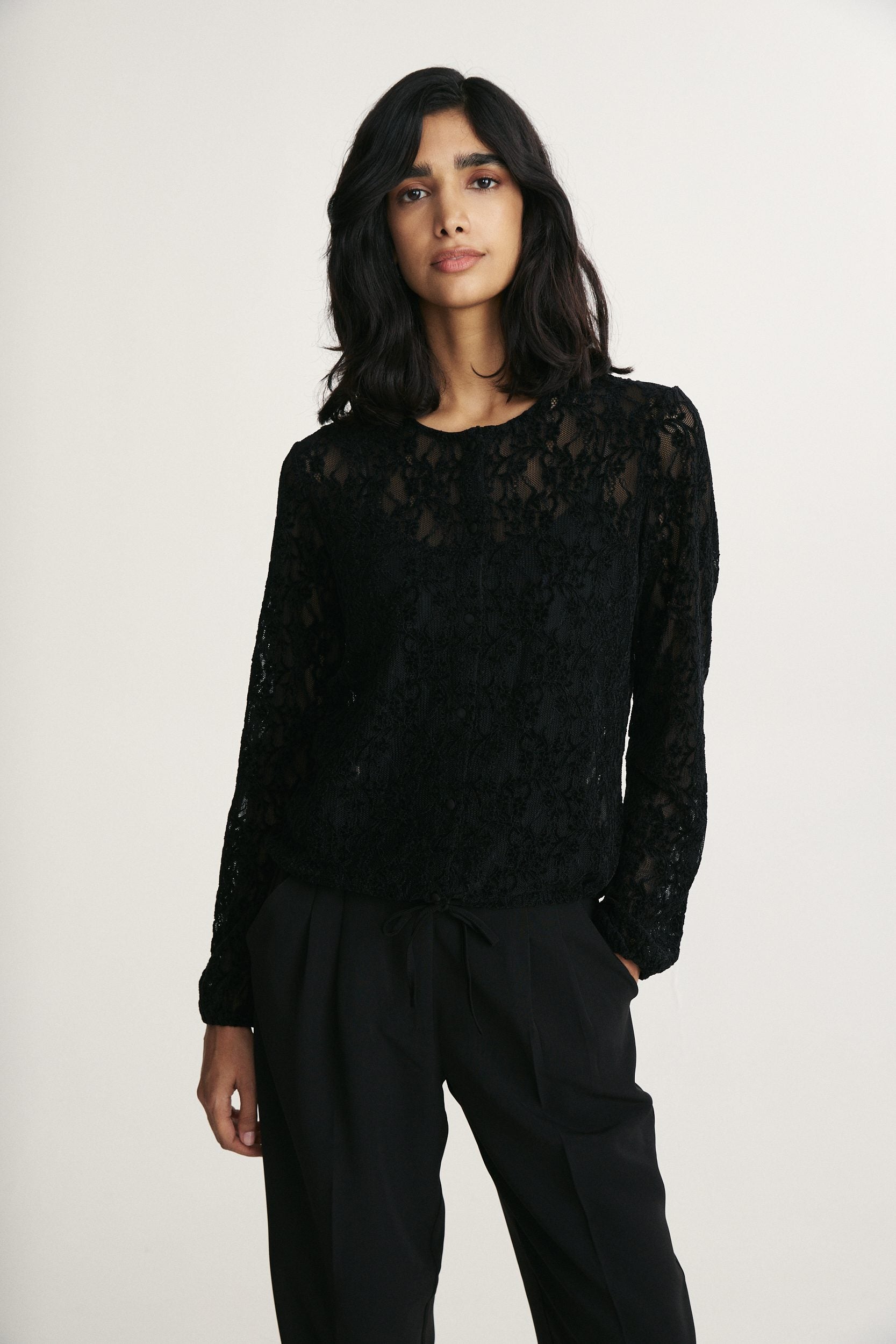 Lace blouse with drawstring