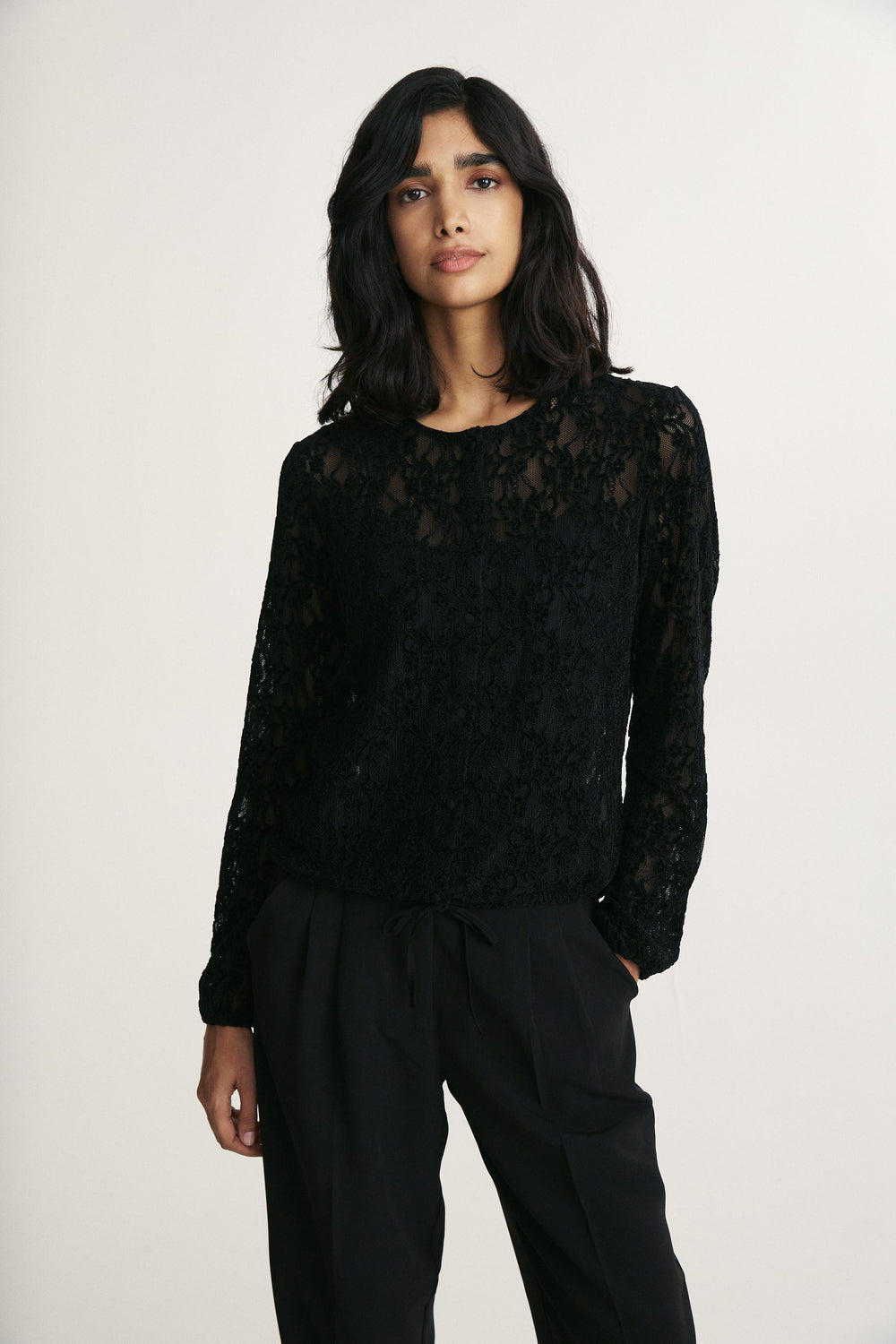 Lace blouse with drawstring