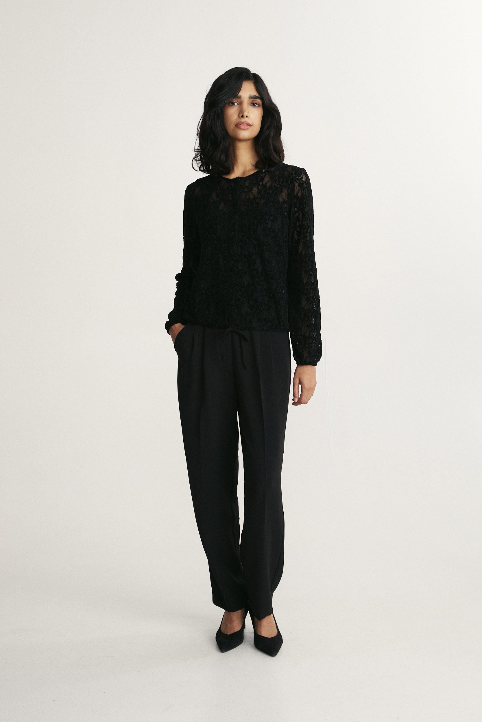 Lace blouse with drawstring