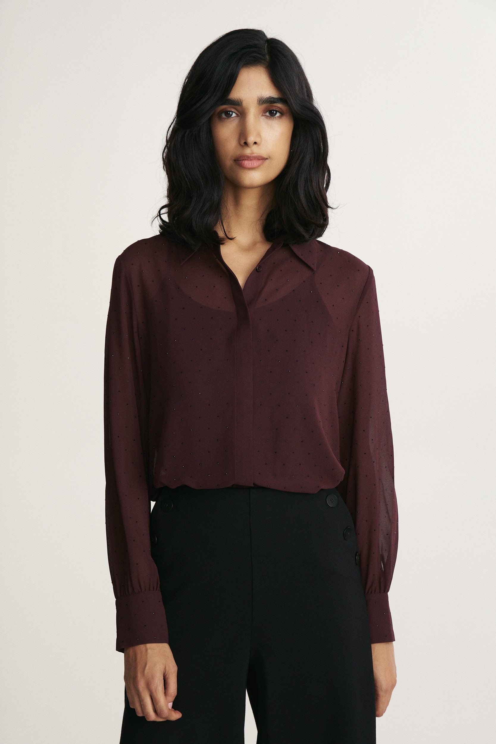 Elegant rhinestones embellished blouse