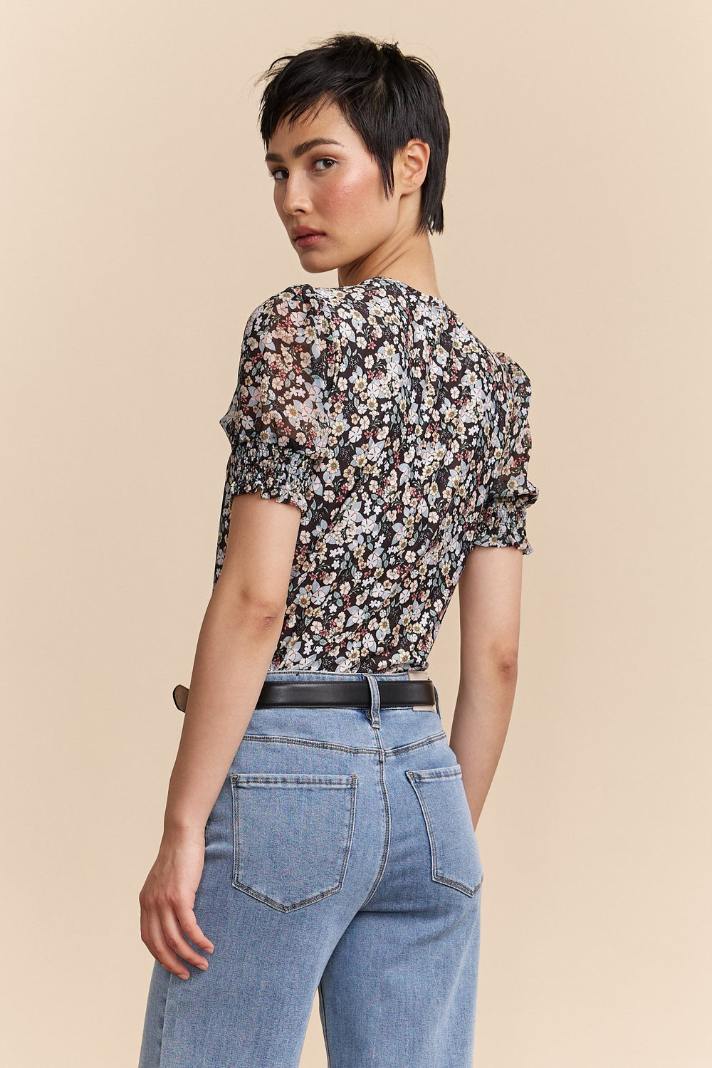 Haut bi-matières à imprimé floral
