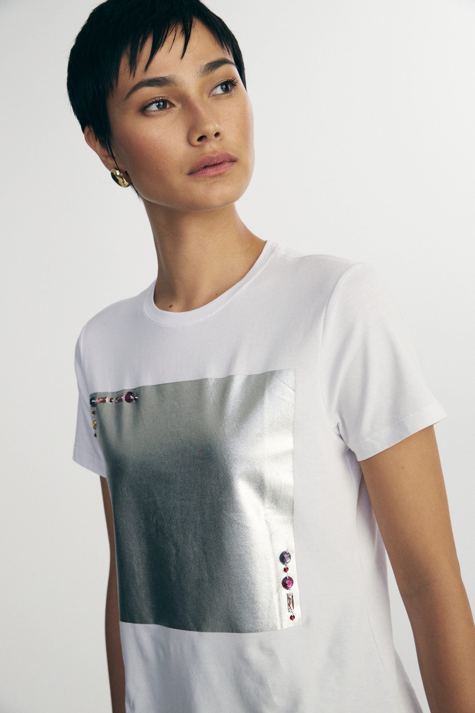Regular fit t-shirt with print and rhinestones