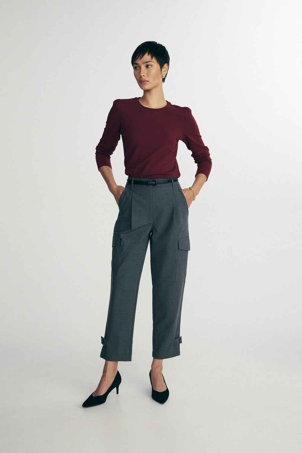 Crew neck shirt with puffy sleeve