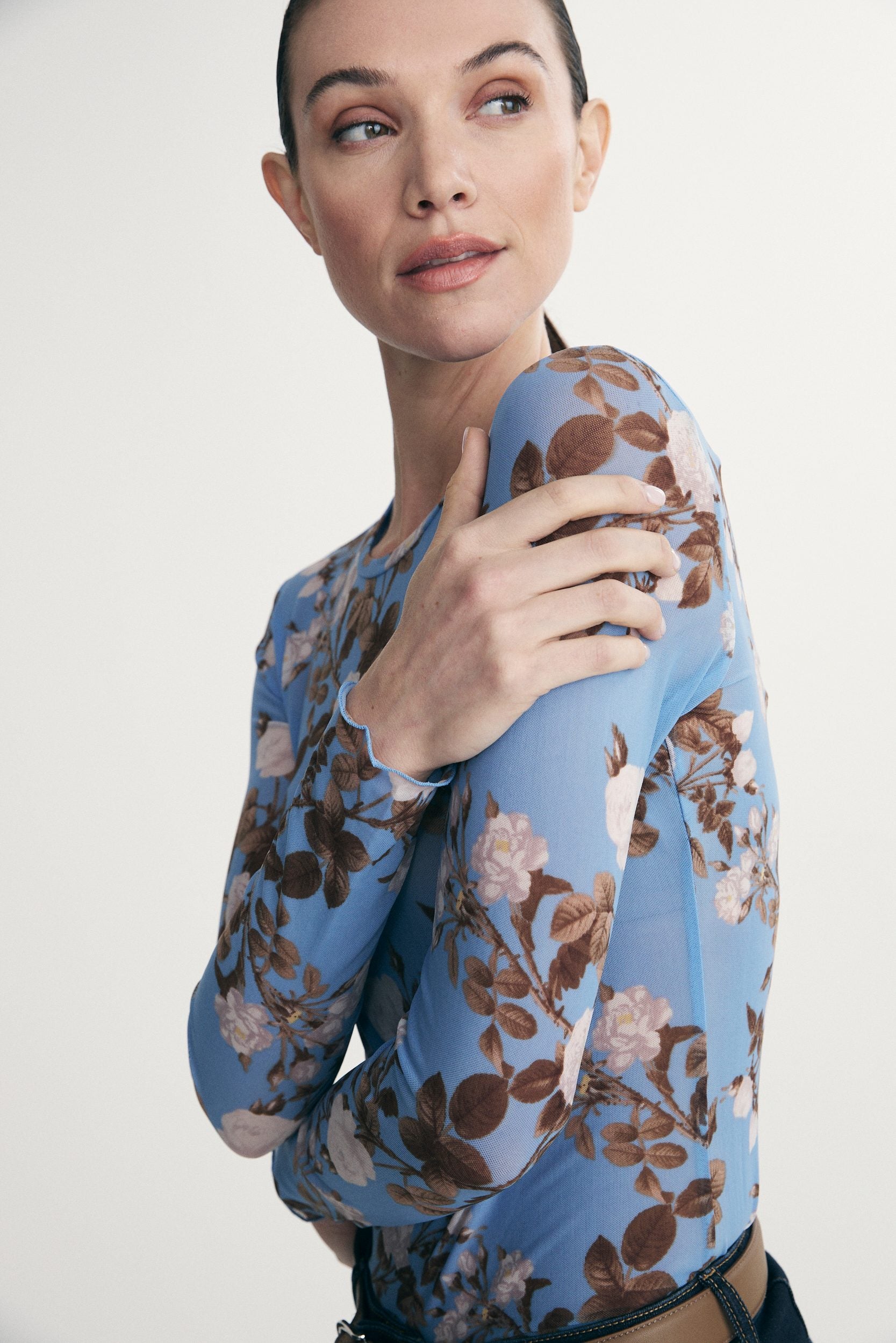 Printed floral mesh top