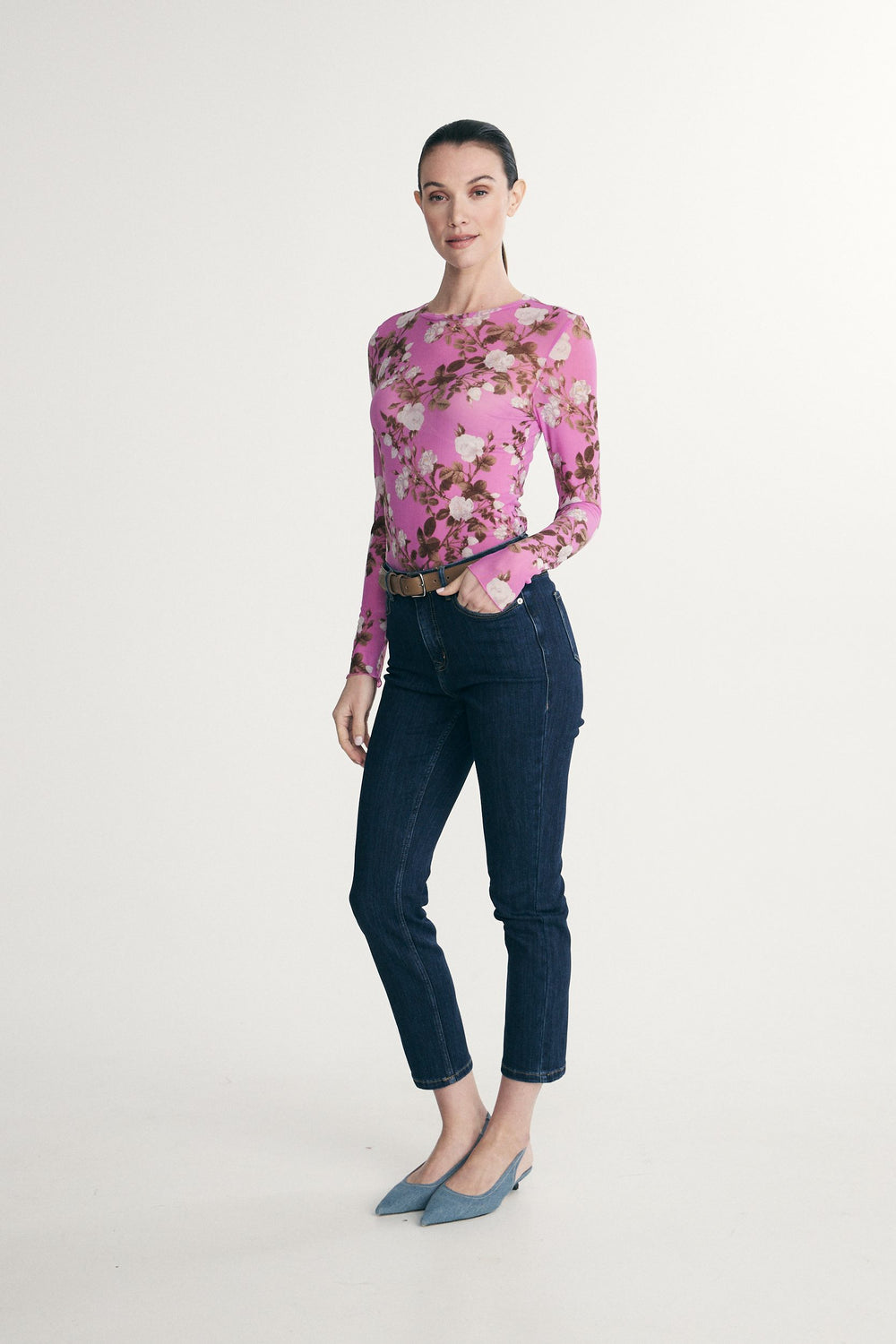 Printed floral mesh top