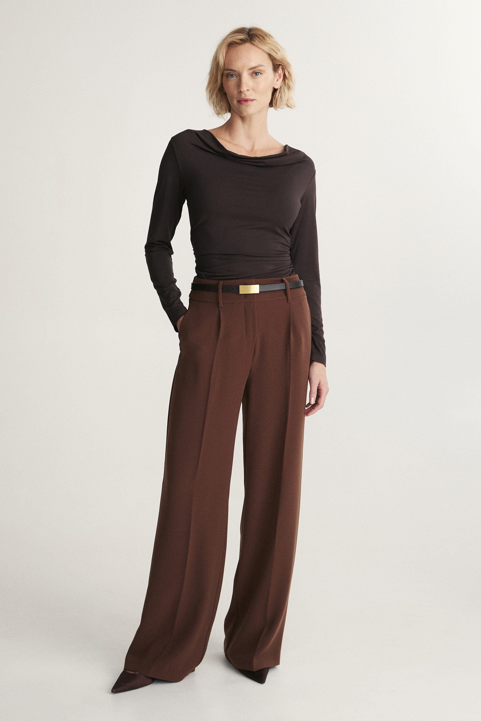 Fitted mock neck jersey top with shirring