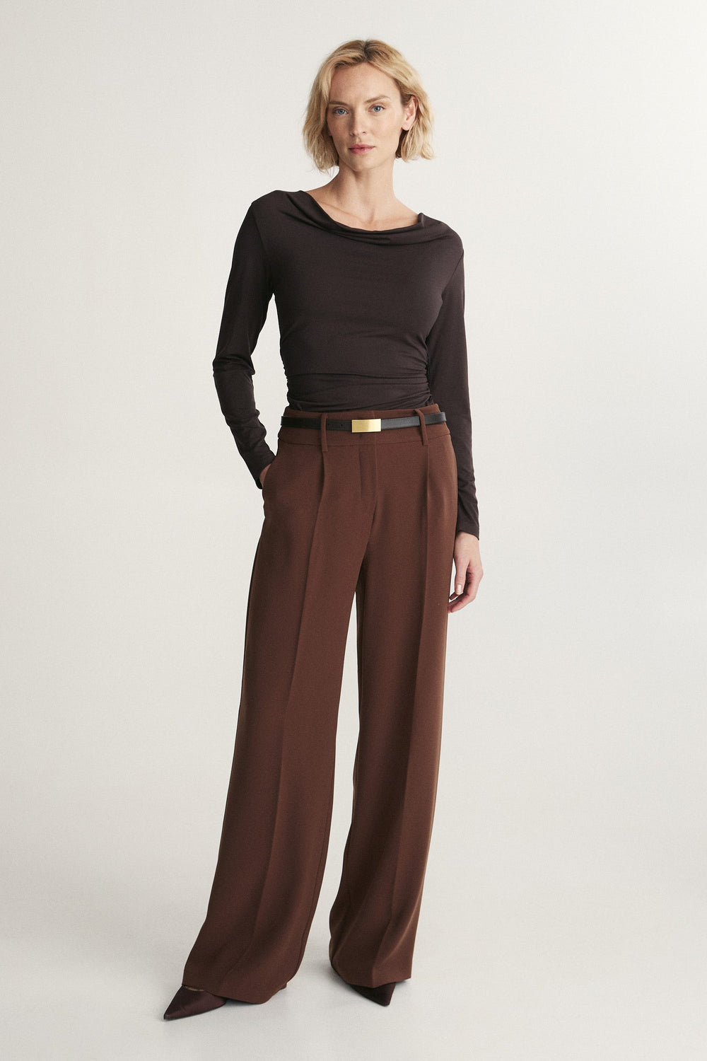 Fitted mock neck jersey top with shirring