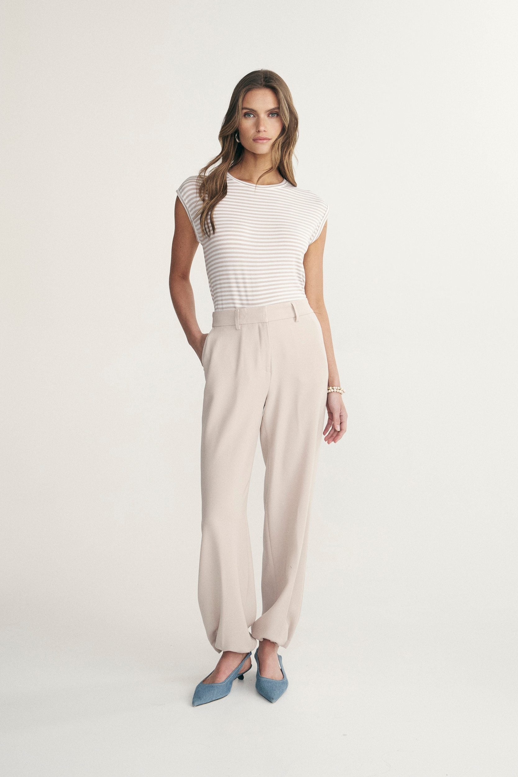 Rolled sleeve striped top