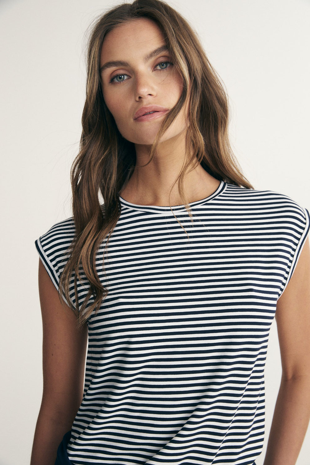 Rolled sleeve striped top