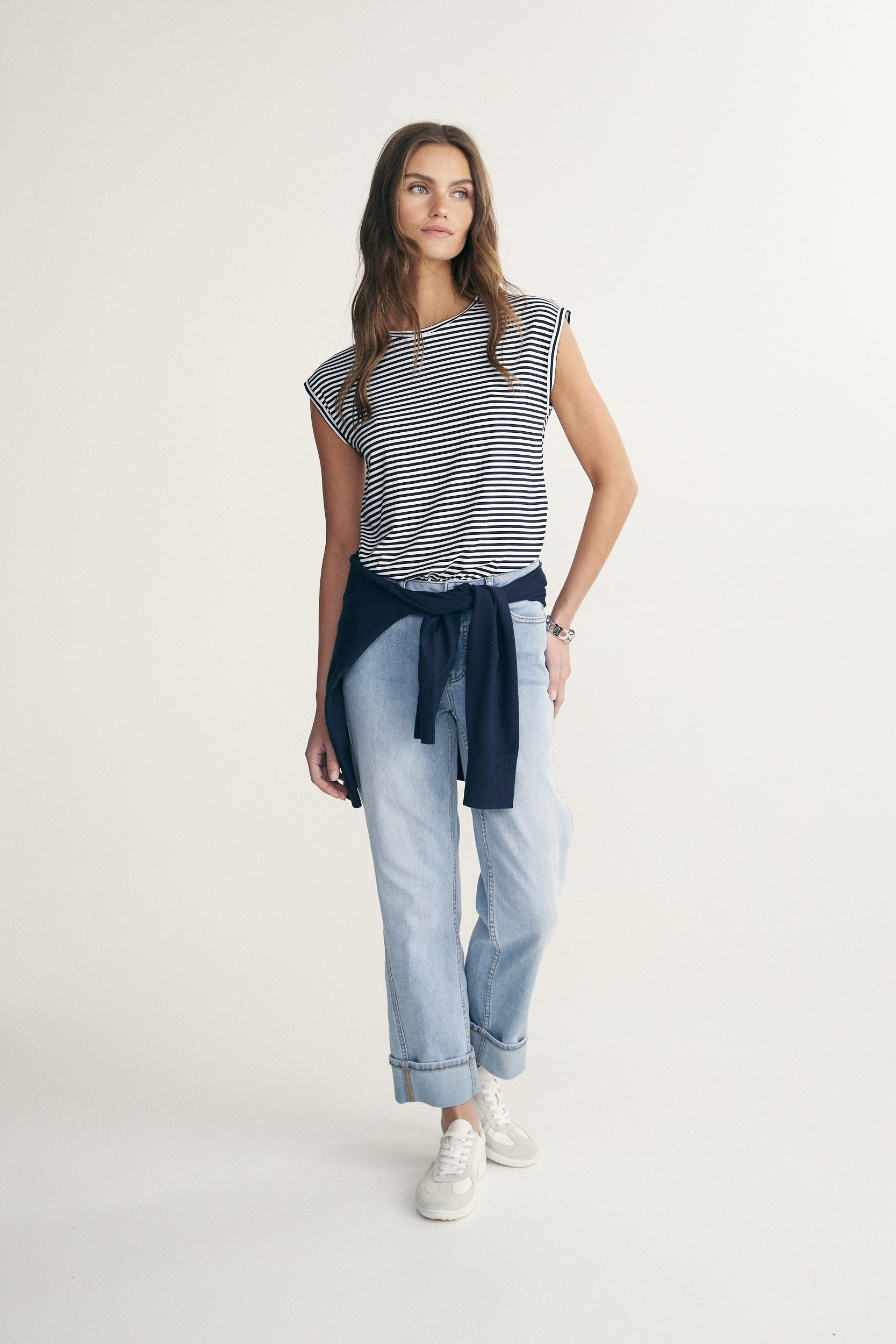 Rolled sleeve striped top