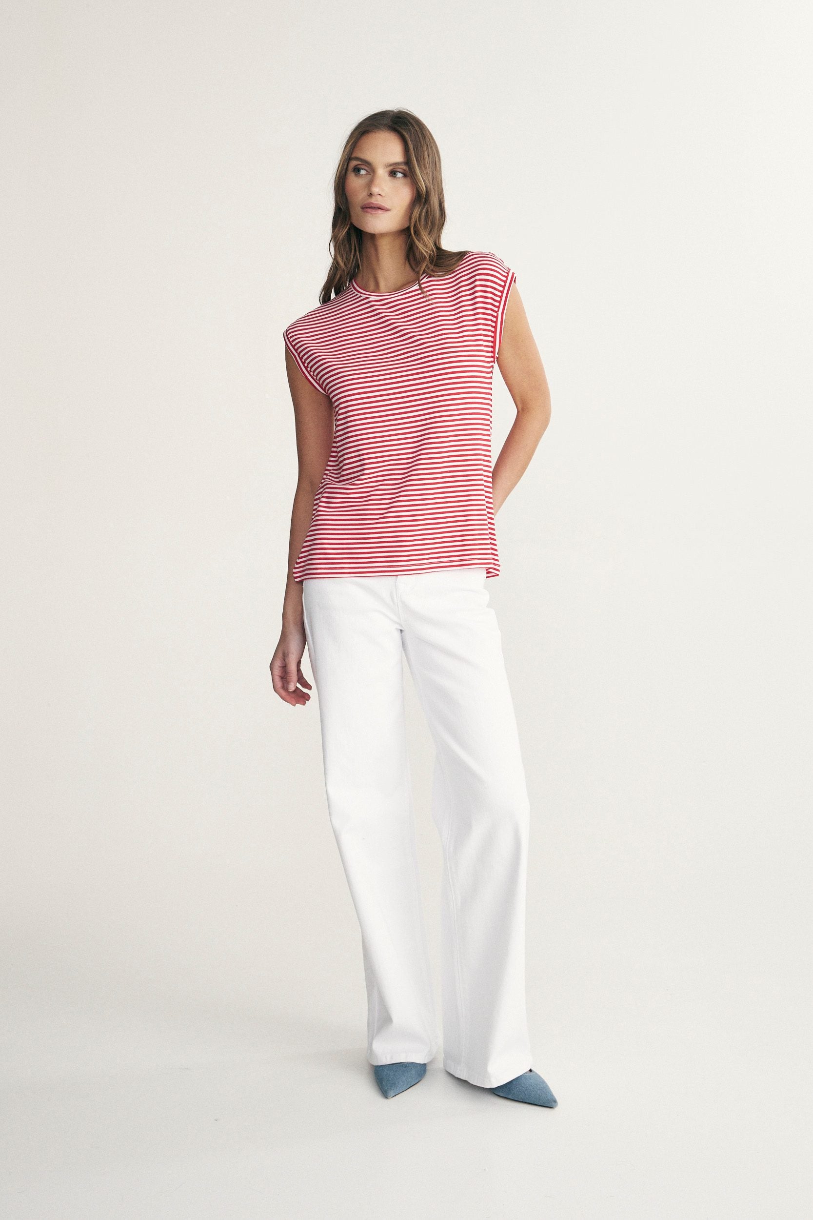 Rolled sleeve striped top