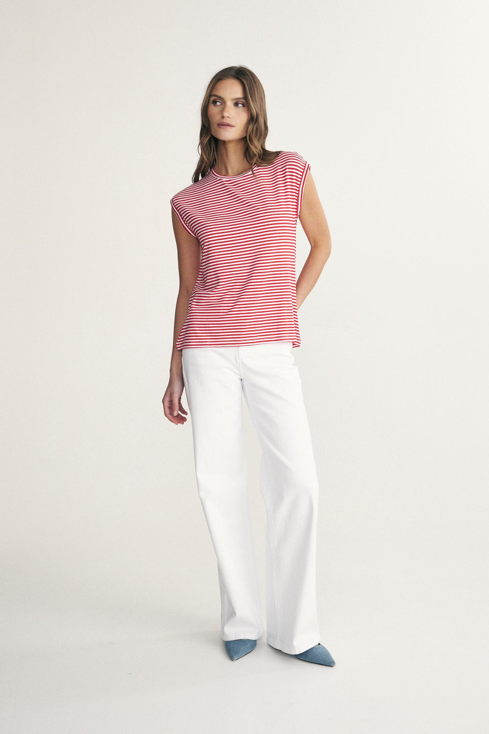 Rolled sleeve striped top