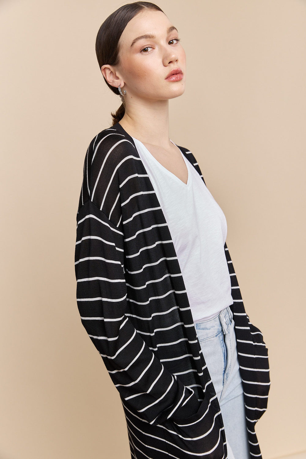 Stripped long knit cardigan