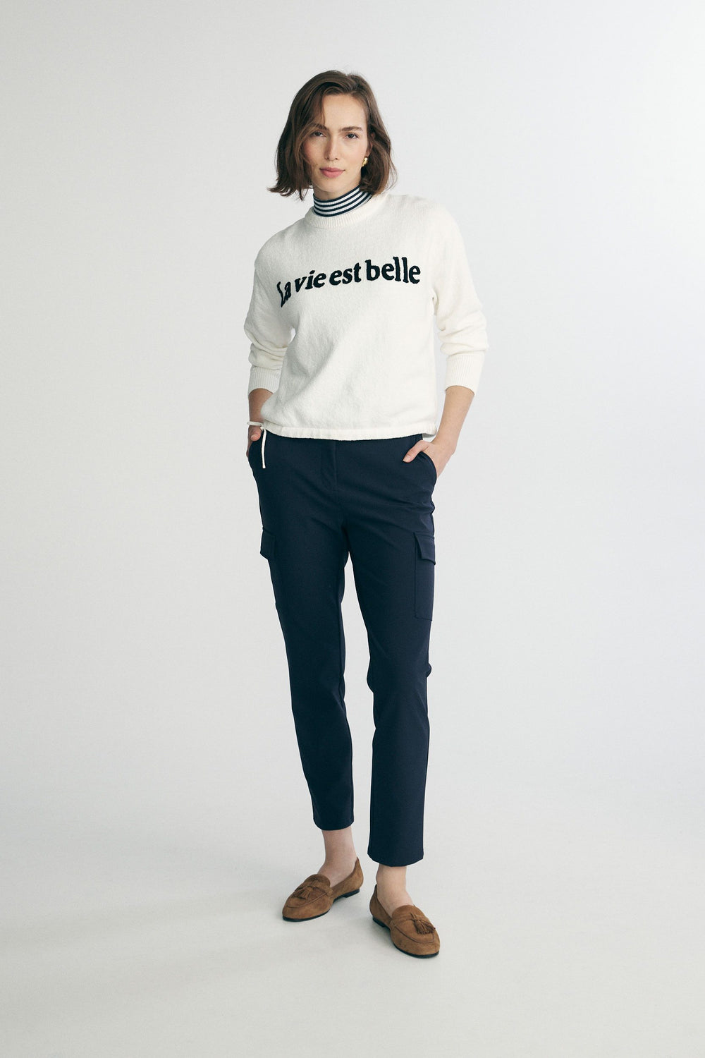 Textured sweater with drawstring
