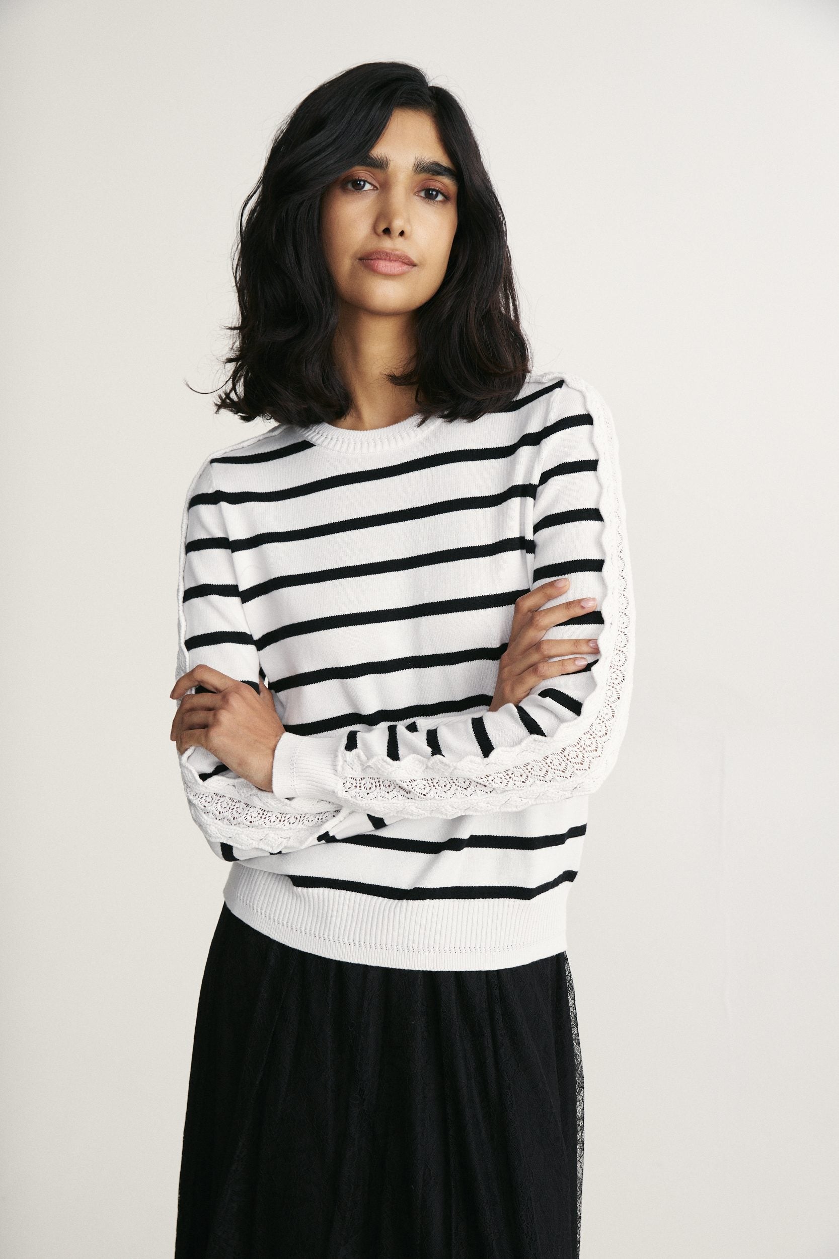 Lace band detail striped sweater