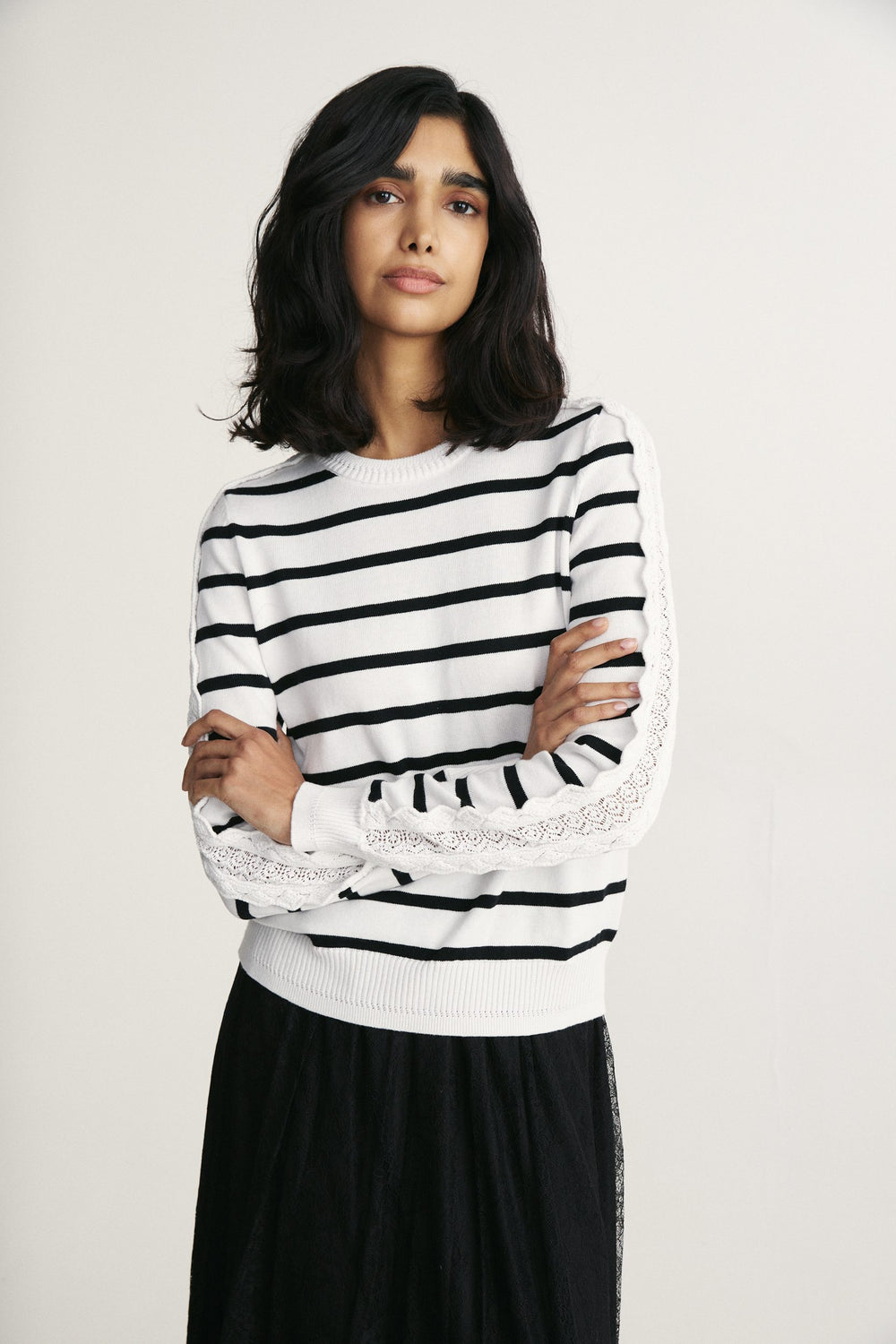 Lace band detail striped sweater