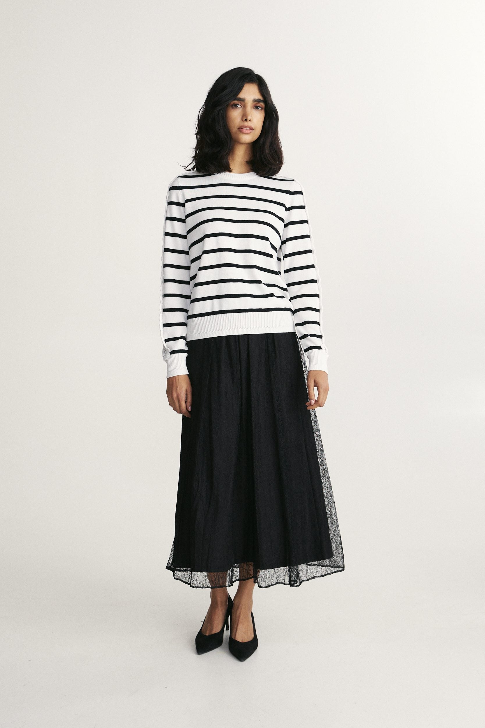 Lace band detail striped sweater