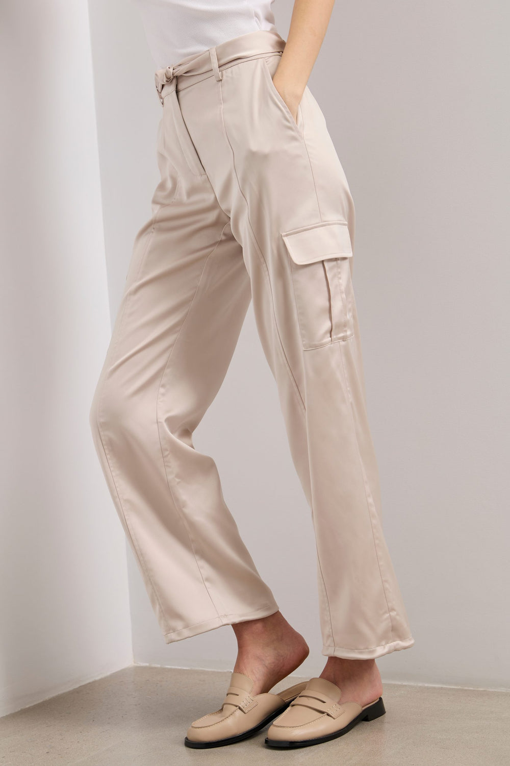Satin cargo pants with belt