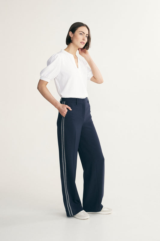 Pantalon à jambe droite pour femmes en mélange de lin avec taille élastique