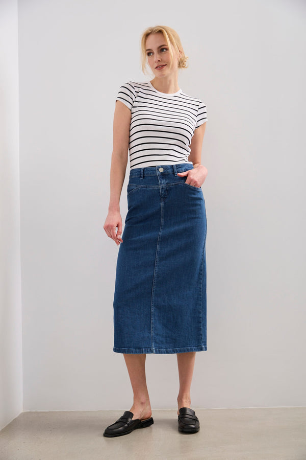 Long denim skirt with front slit