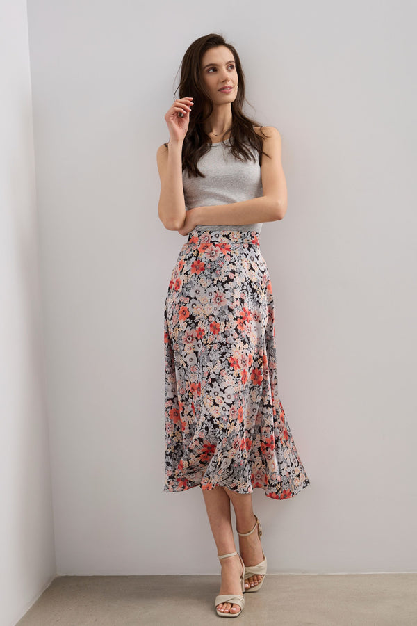 Floral printed satin skirt with elastic waist