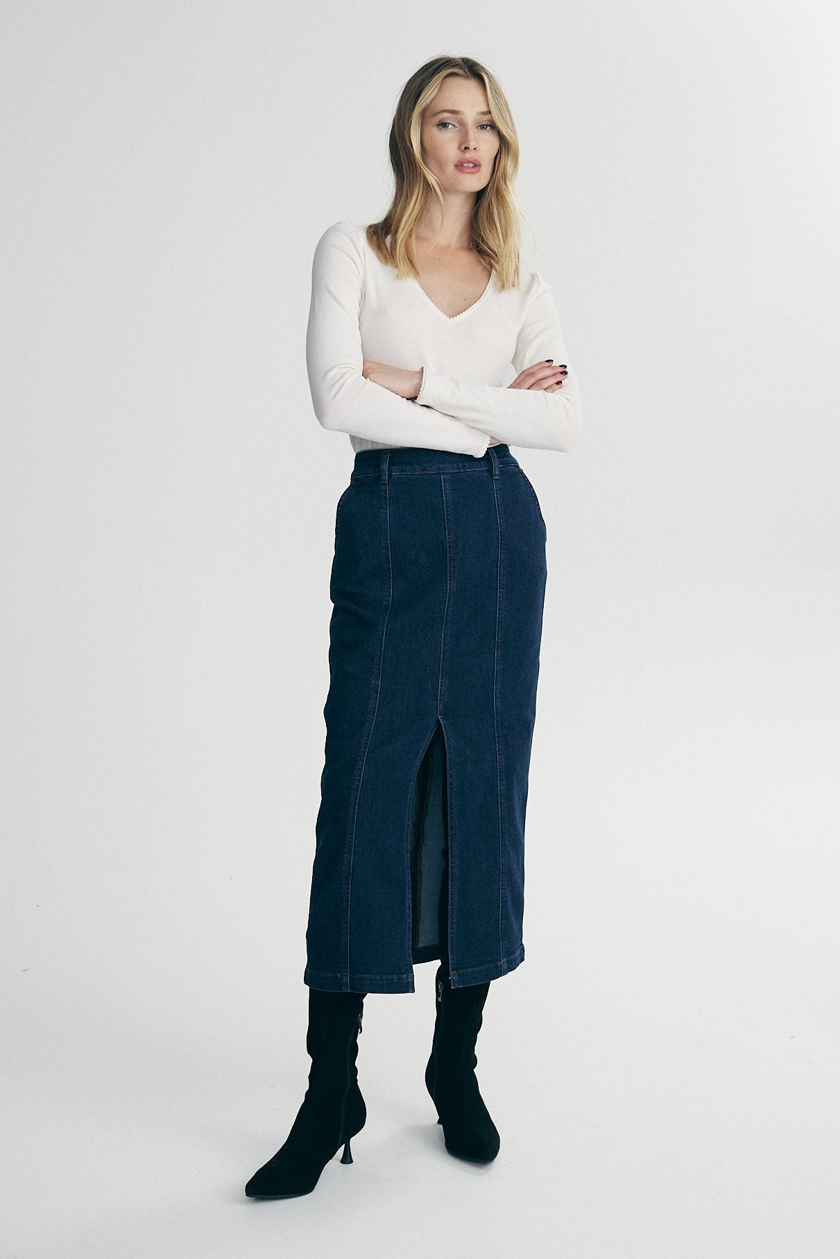 Long denim skirt with front slit