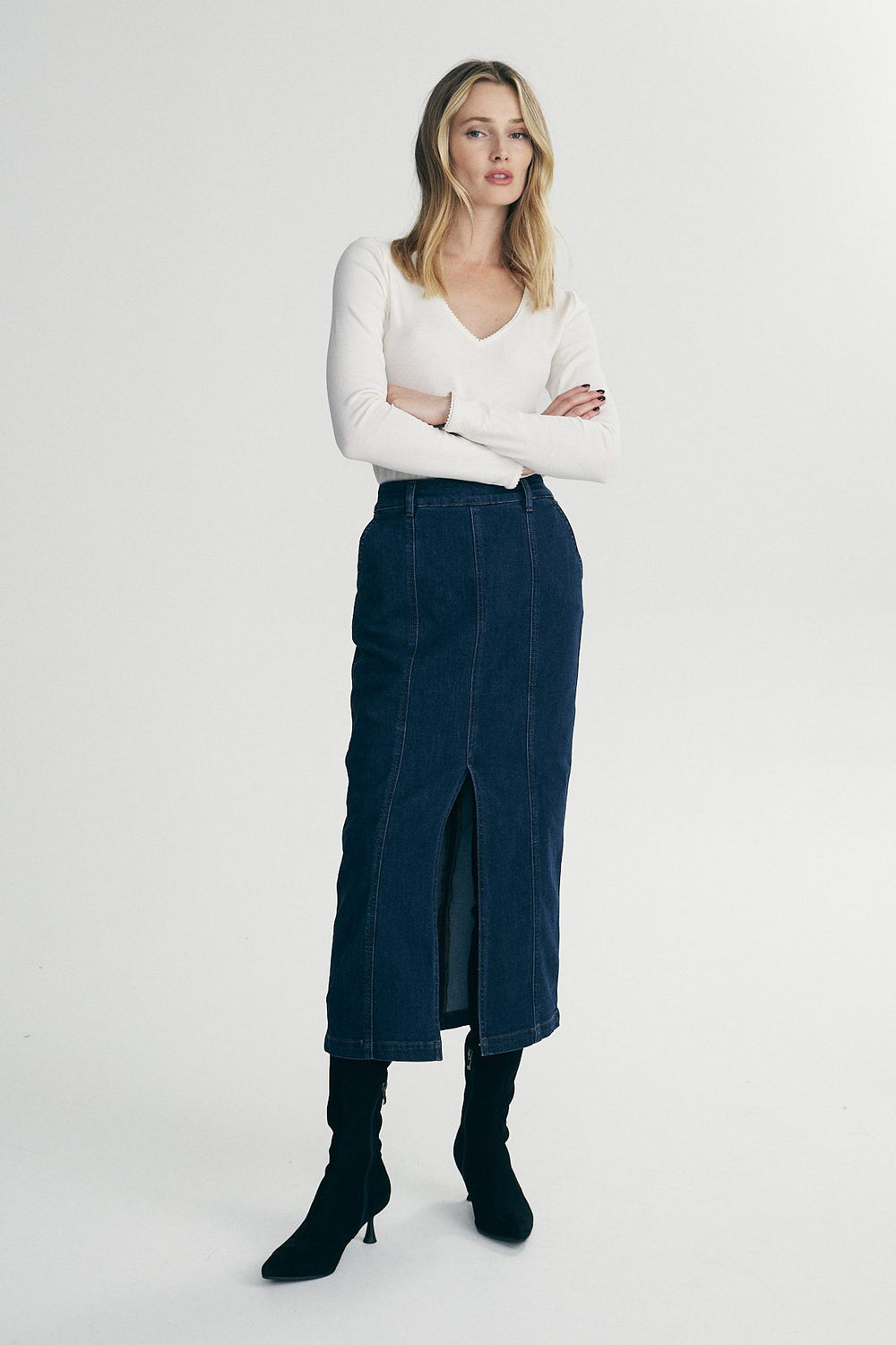 Long denim skirt with front slit