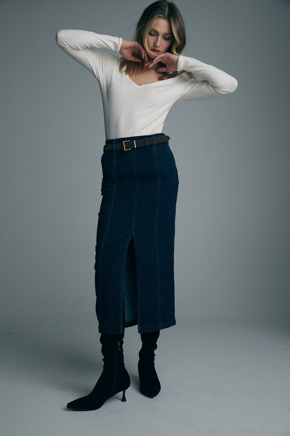 Long denim skirt with front slit