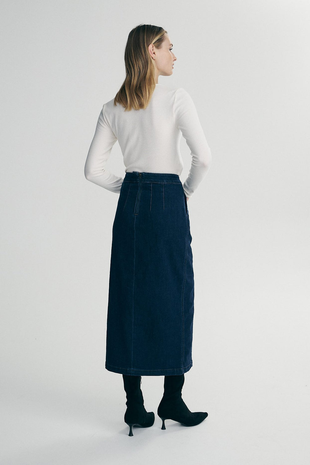 Long denim skirt with front slit