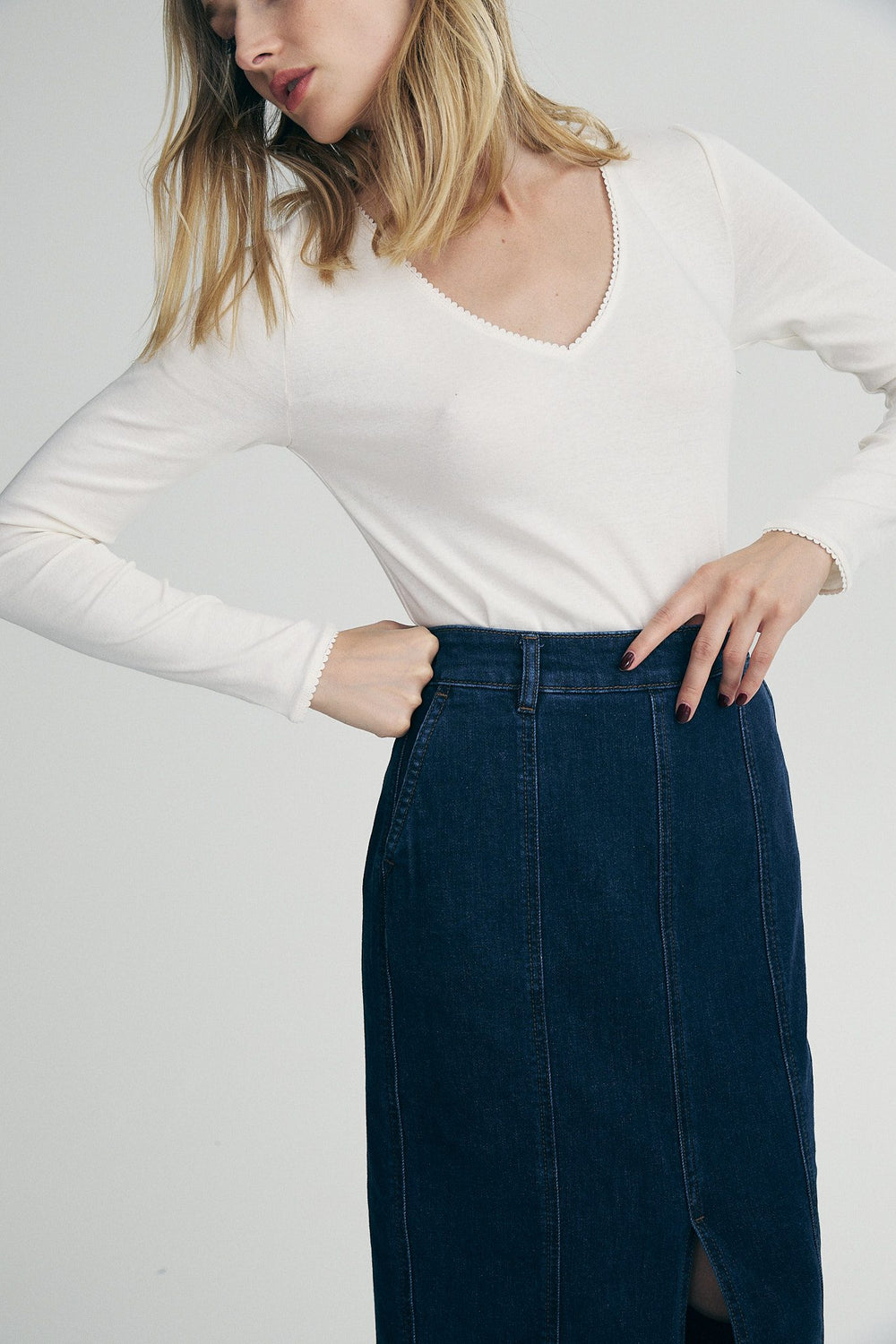 Long denim skirt with front slit