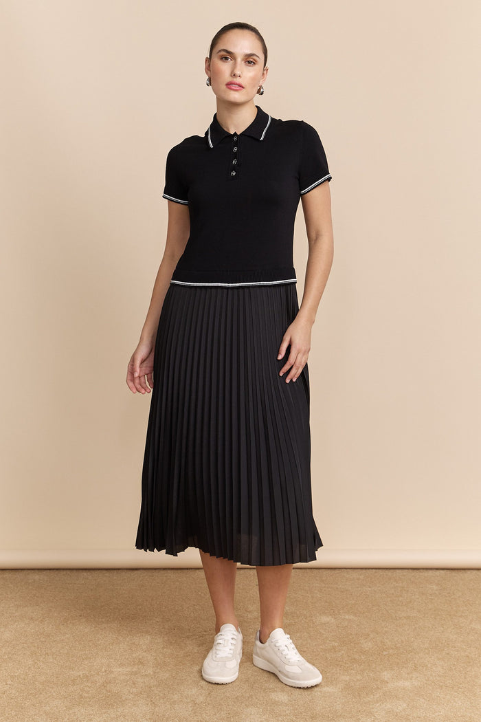 pleated knit combination dress Gradient Pleated Splicing Belted Knit Dress in Black Black S