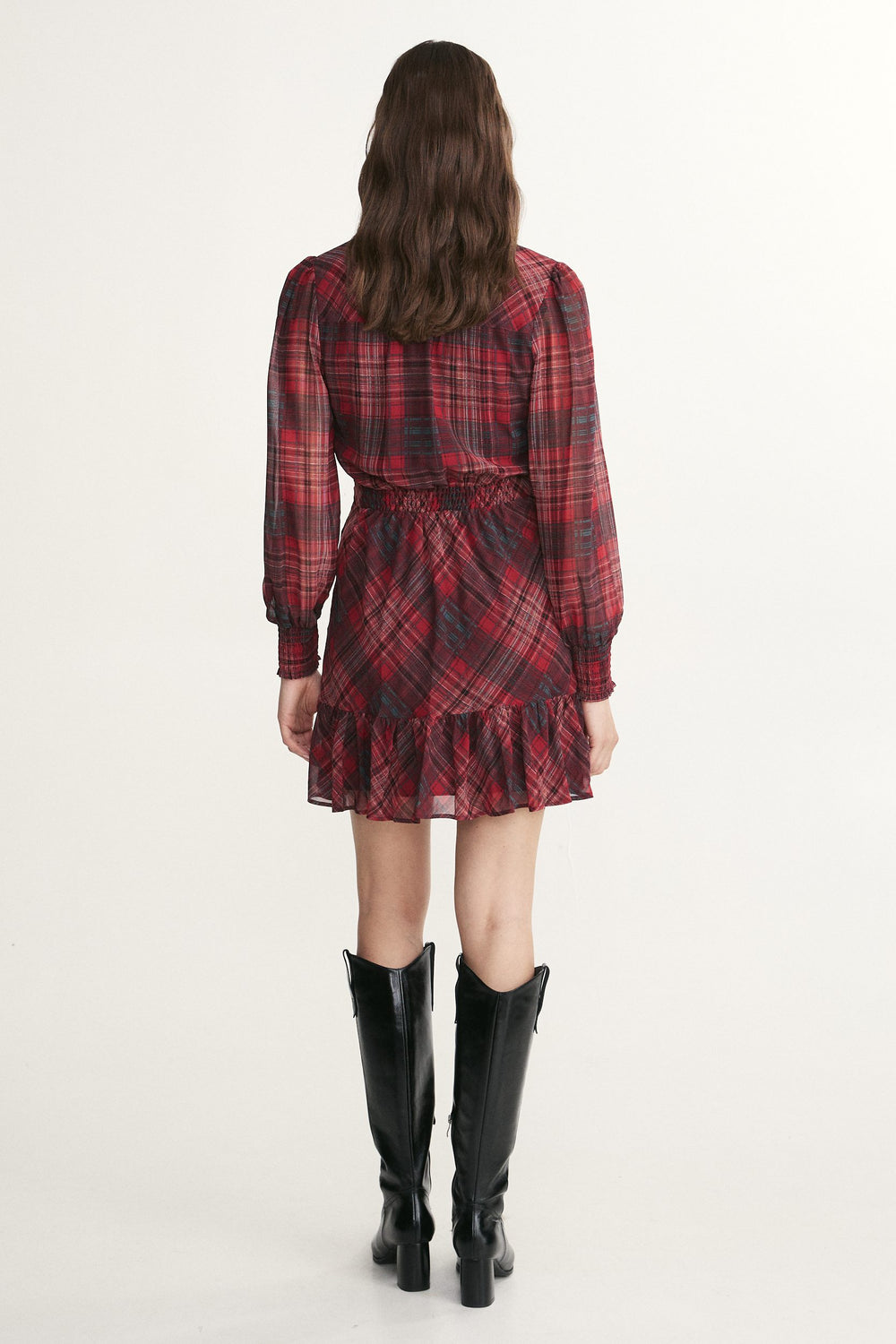 Plaid fluid dress with tied neck