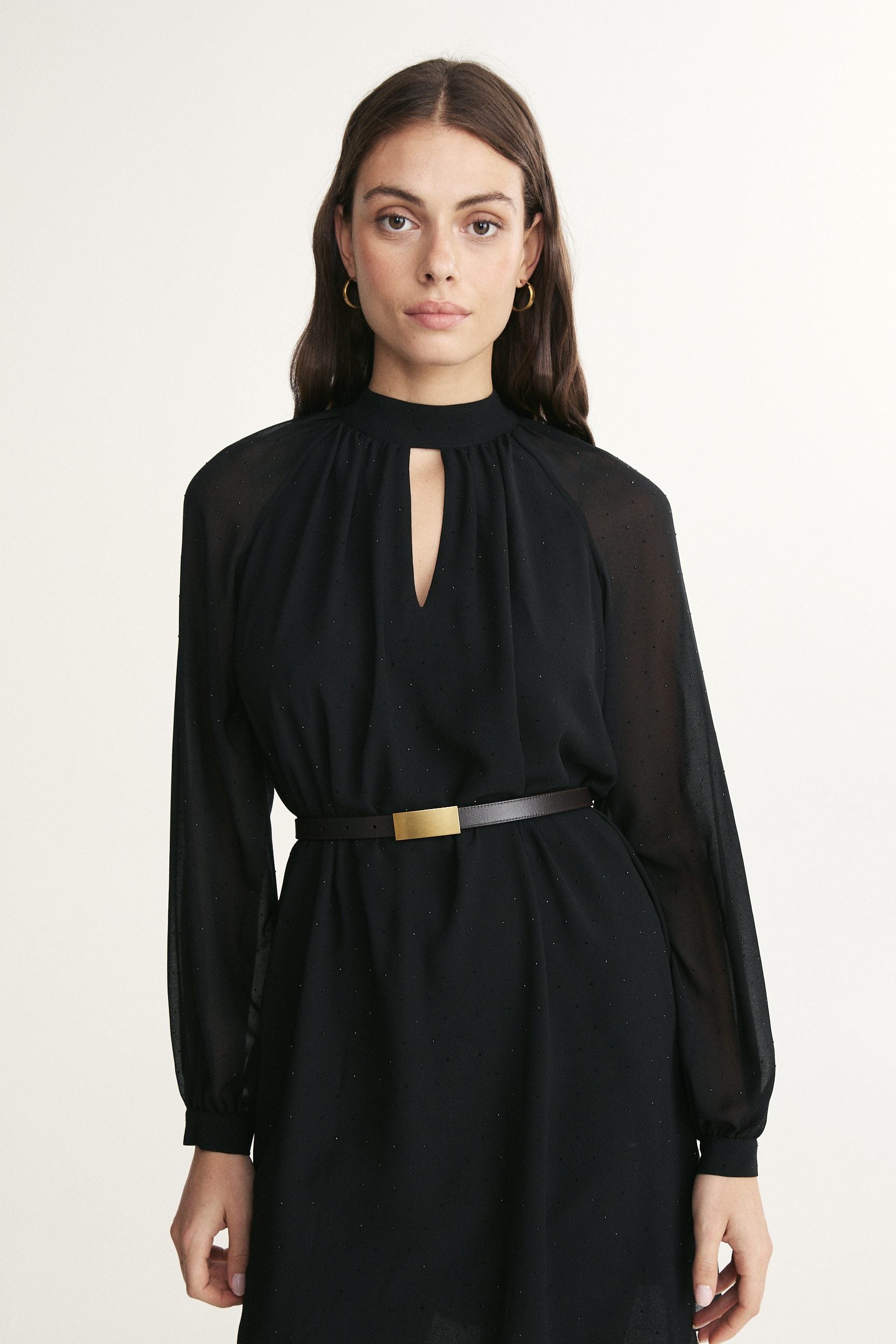 Shirred dress with rhinestone