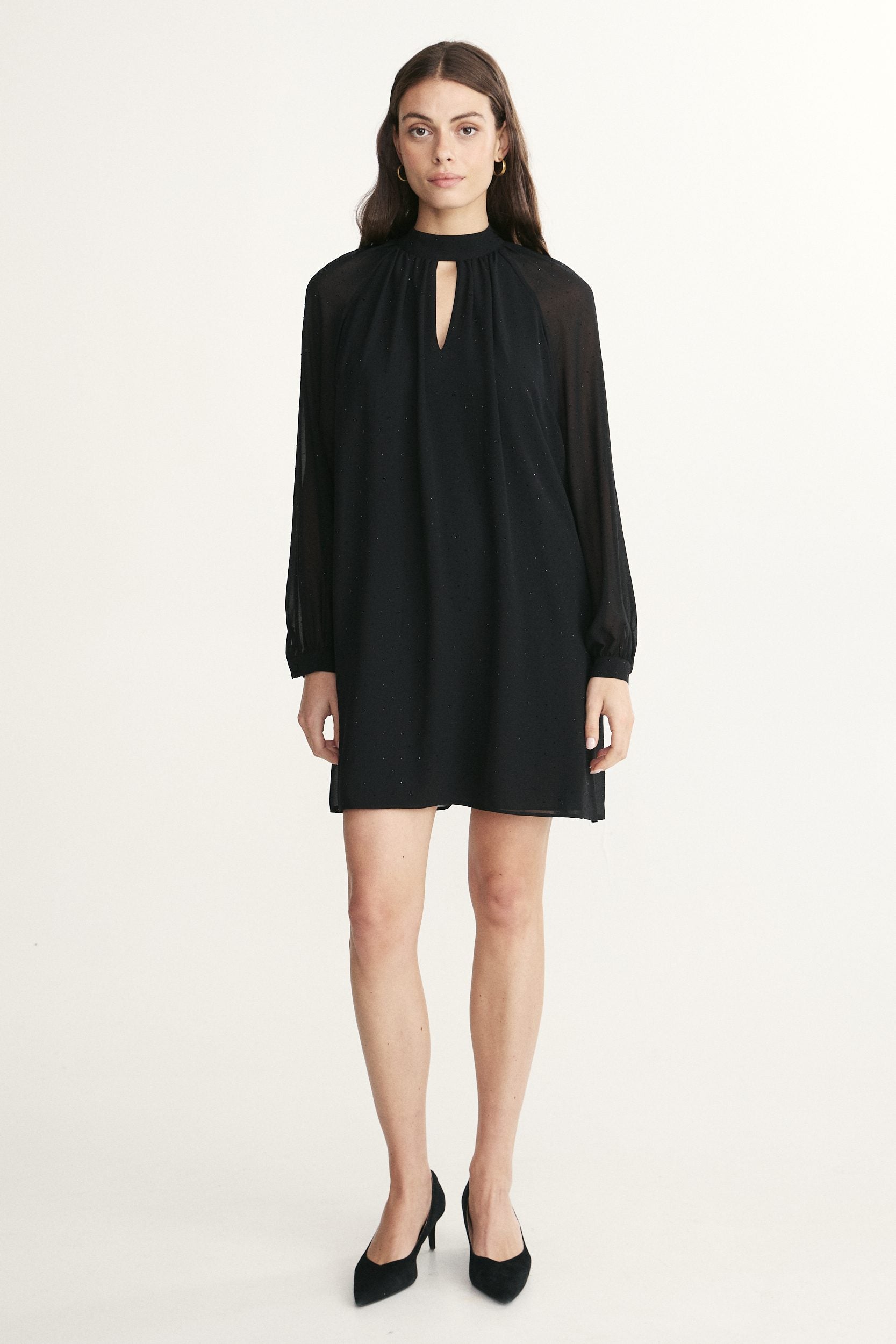 Shirred dress with rhinestone
