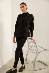 Fitted Bouble-Breasted Ponte Blazer With Ribbed Cuffs