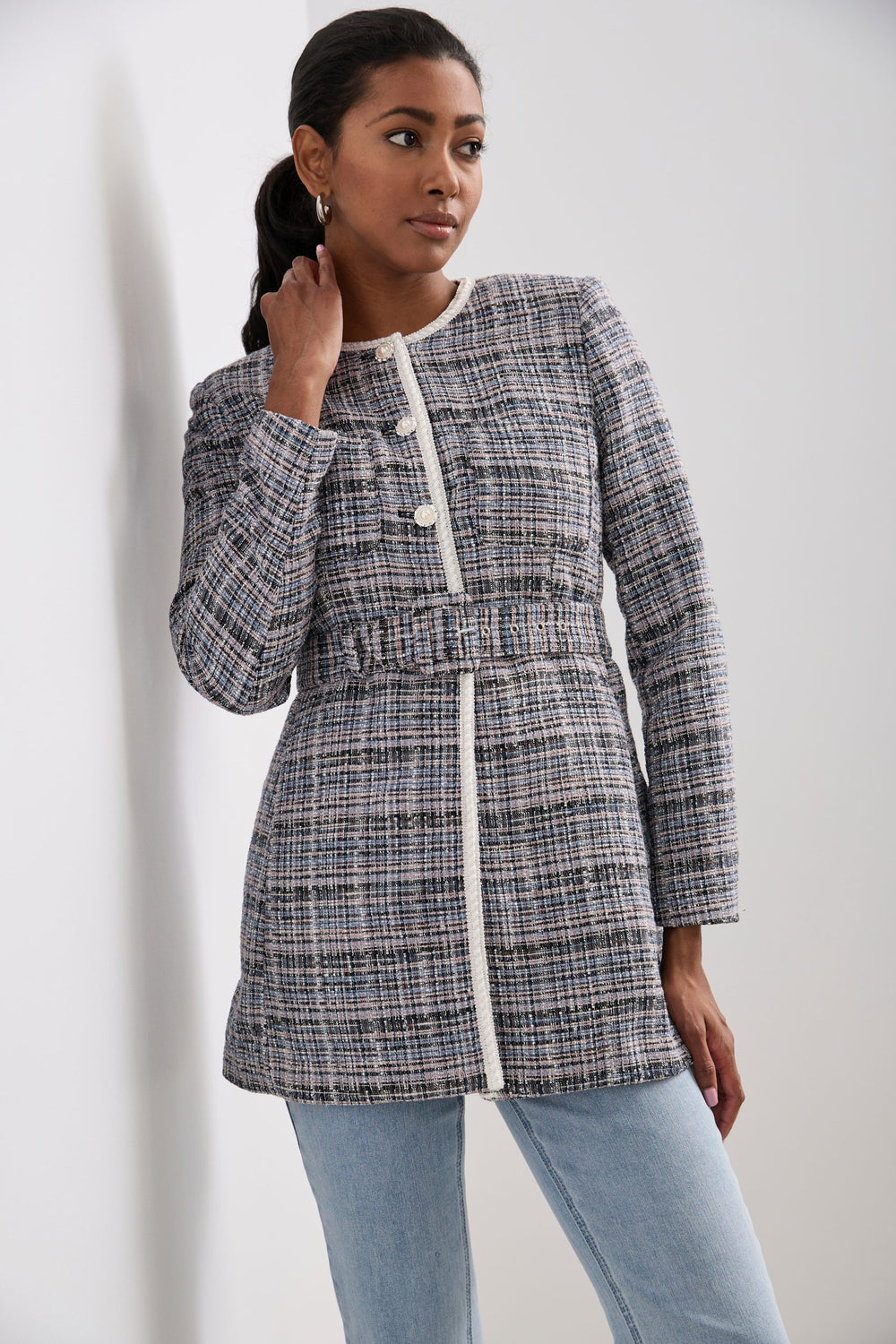 Veston long texturé avec ceinture à la taille