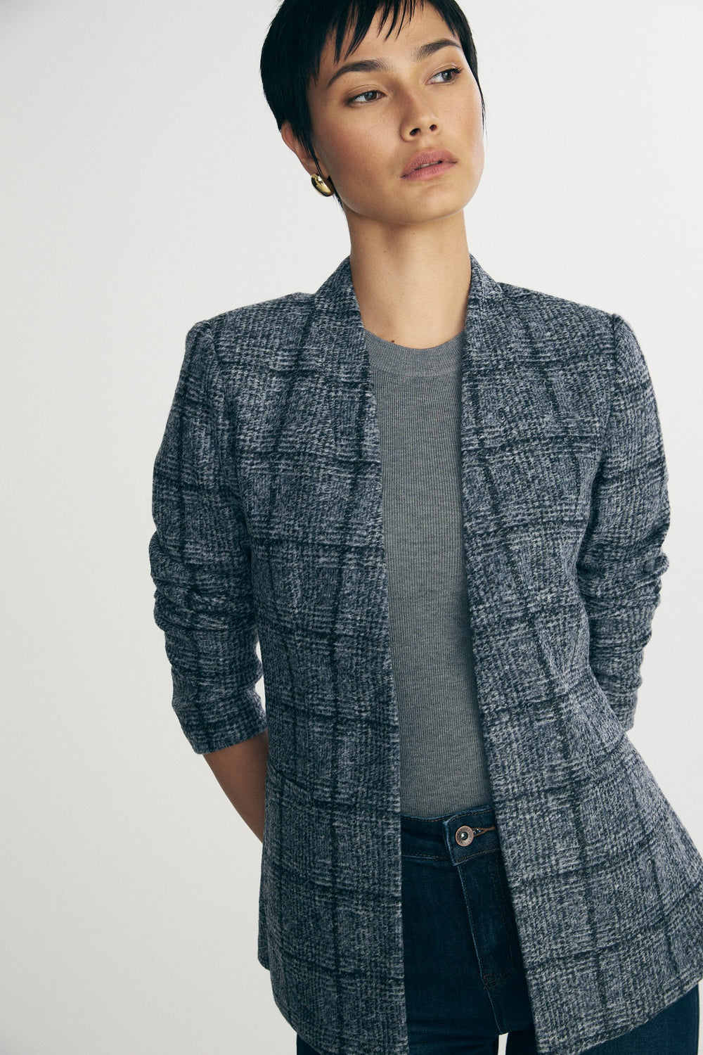 Plaid fitted stretch blazer